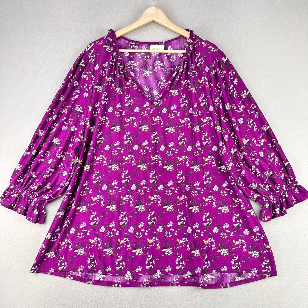 Melloday Floral V-Neck Blouse Women 2X Purple Boho Flowy Office Stretch